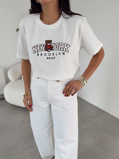 Ekru Ny Teddy Nakışlı Bisiklet Yaka Tshirt