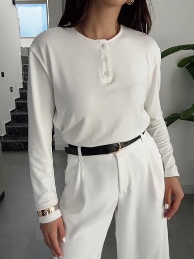 Ekru Önden Düğmeli Likralı Bluz