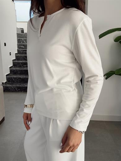 Ekru Önden Düğmeli Likralı Bluz