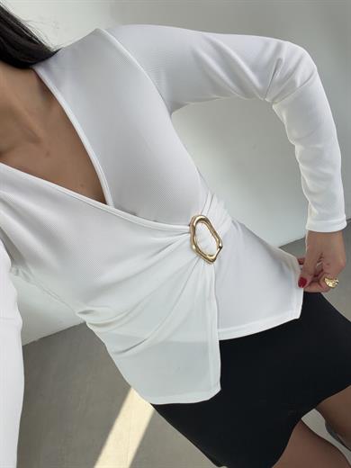 Ekru Ottoman Kruvaze Tokalı Bluz