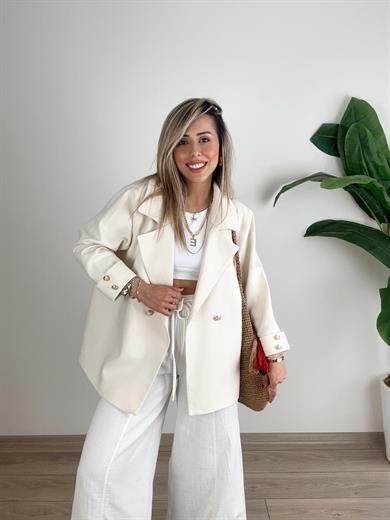Ekru Oversize Keten Ceket