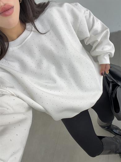 Ekru Oversize Taşlı Sweatshirt