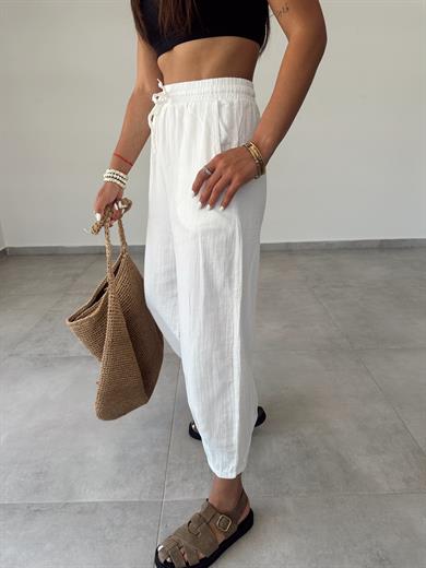 Ekru Paça Pilili Keten Pantolon