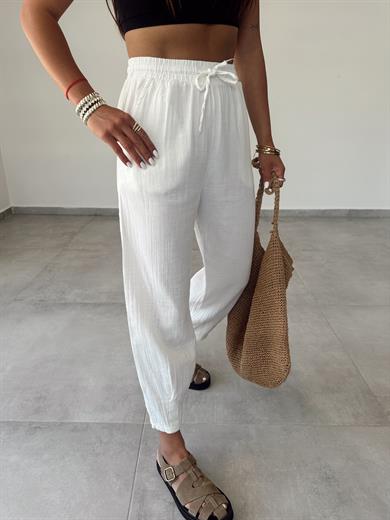 Ekru Paça Pilili Keten Pantolon