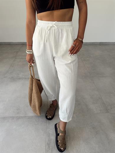 Ekru Paça Pilili Keten Pantolon
