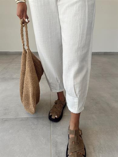 Ekru Paça Pilili Keten Pantolon