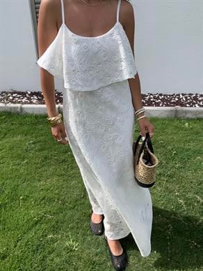 Ekru Pamuk Dantel Askılı Elbise