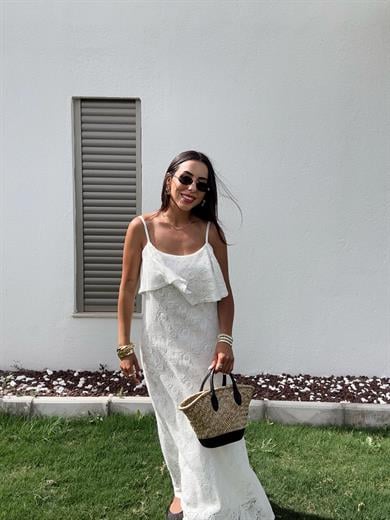 Ekru Pamuk Dantel Askılı Elbise