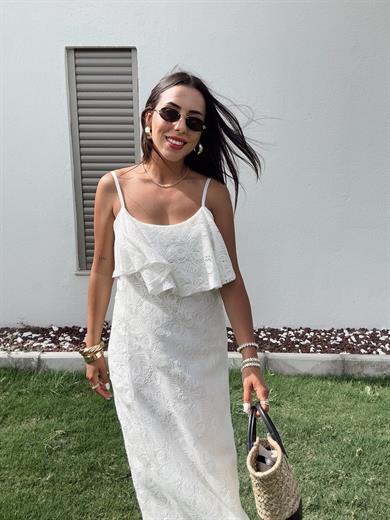 Ekru Pamuk Dantel Askılı Elbise