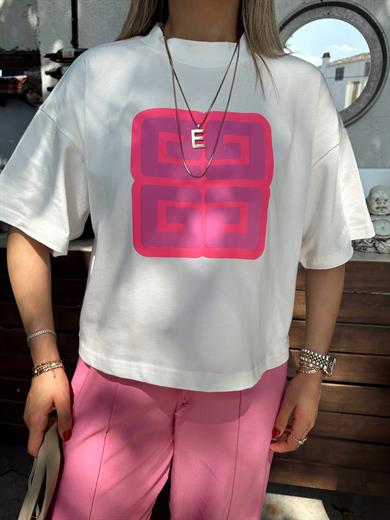 Ekru Pembe Önden Baskılı Tişört