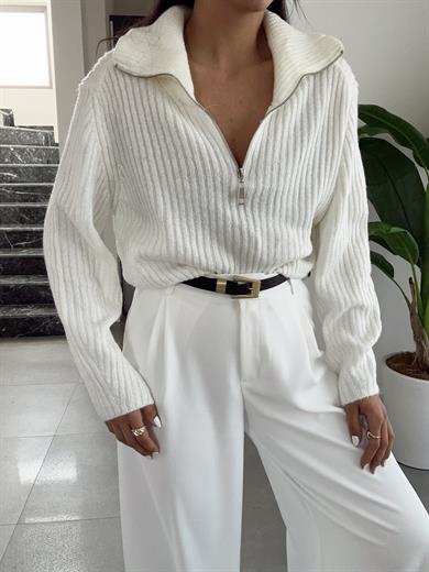 Ekru Polo Yaka Fermuarlı Triko Kazak