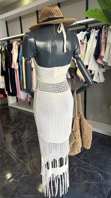 Ekru Püsküllü Uzun Elbise