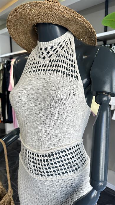 Ekru Püsküllü Uzun Elbise