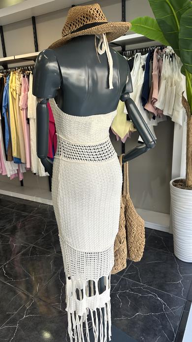 Ekru Püsküllü Uzun Elbise