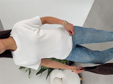 Ekru Reglan Kol Yandan Fermuarlı T-Shirt