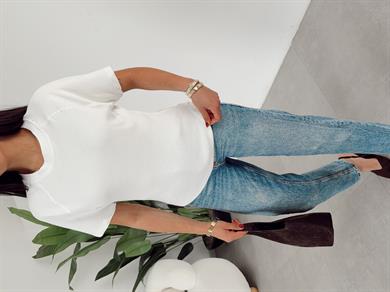 Ekru Reglan Kol Yandan Fermuarlı T-Shirt