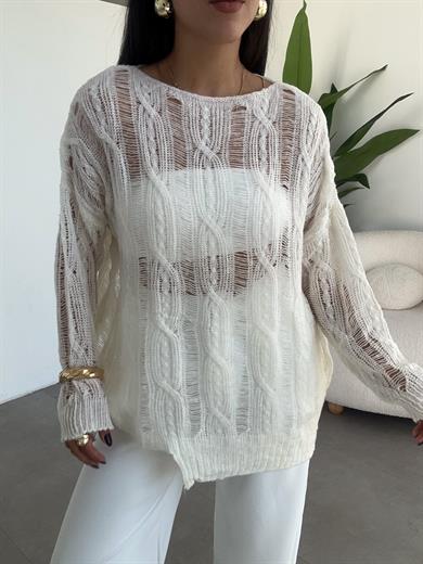 Ekru Saç Örgülü Ajurlu Kazak