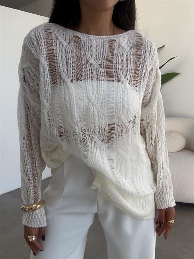 Ekru Saç Örgülü Ajurlu Kazak