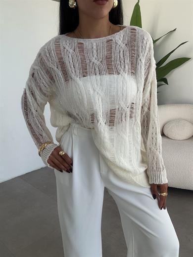 Ekru Saç Örgülü Ajurlu Kazak