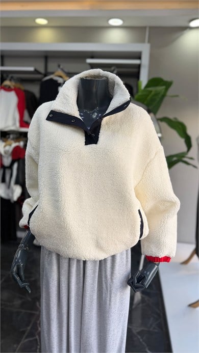 Ekru Sırt Baskılı Polar Sweat