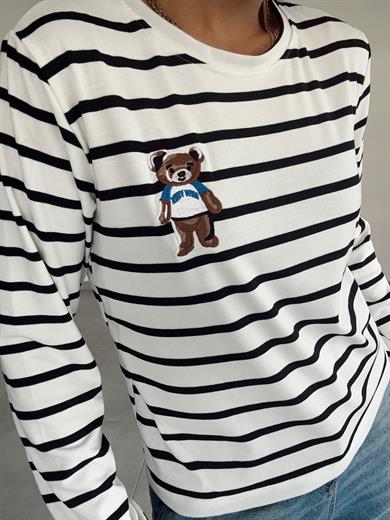 Ekru-Siyah Çizgili Teddy Bluz