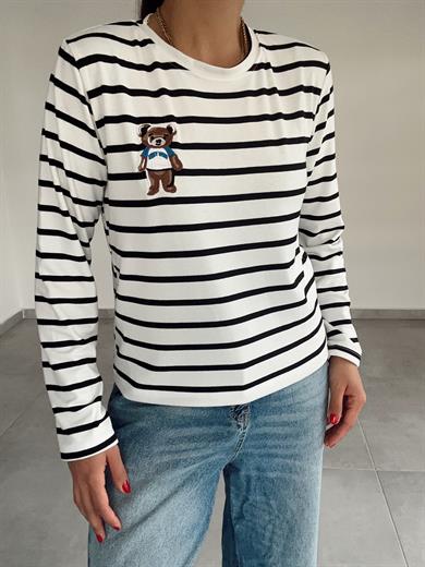 Ekru-Siyah Çizgili Teddy Bluz