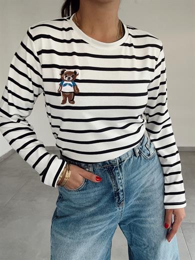 Ekru-Siyah Çizgili Teddy Bluz