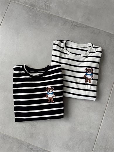 Ekru-Siyah Çizgili Teddy Bluz