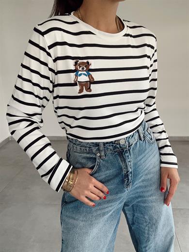 Ekru-Siyah Çizgili Teddy Bluz