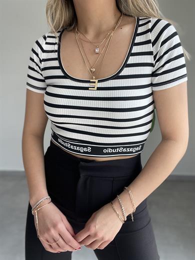Ekru-Siyah Çizgili Yazılı Crop