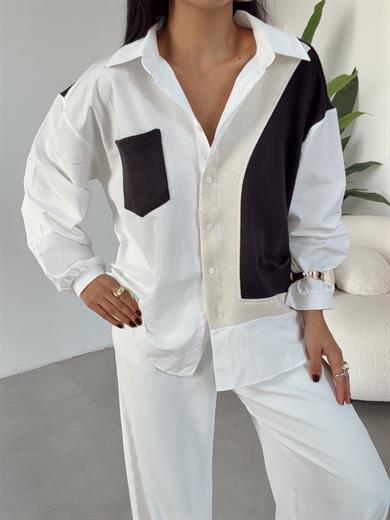 Ekru-Siyah Triko Detaylı Tasarım Gömlek