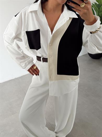 Ekru-Siyah Triko Detaylı Tasarım Gömlek