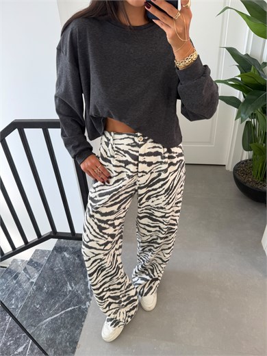 Ekru-Siyah Zebra Desen Pantolon