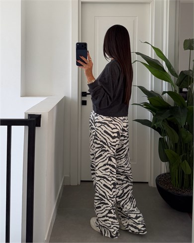 Ekru-Siyah Zebra Desen Pantolon