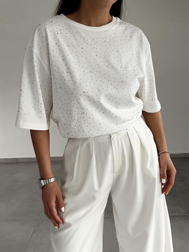 Ekru Taşlı Baskılı Tişört