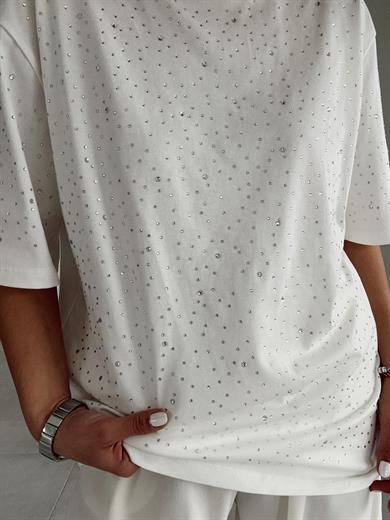 Ekru Taşlı Baskılı Tişört