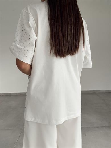 Ekru Taşlı Baskılı Tişört