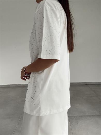 Ekru Taşlı Baskılı Tişört