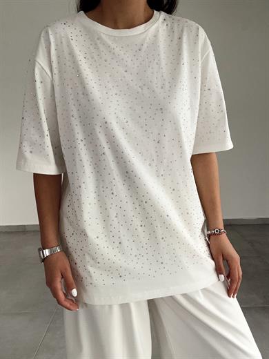 Ekru Taşlı Baskılı Tişört