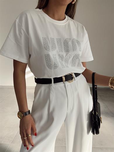 Ekru Taşlı Tshirt