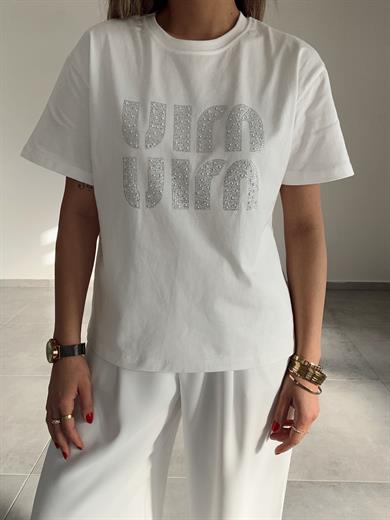 Ekru Taşlı Tshirt