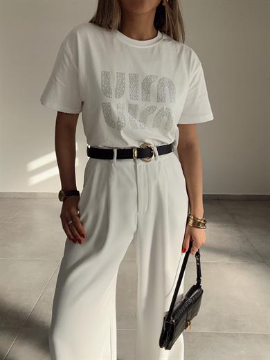 Ekru Taşlı Tshirt