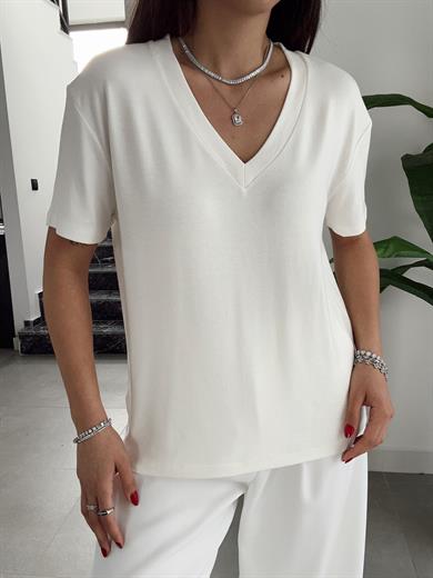 Ekru V Yaka  Basic Tişört