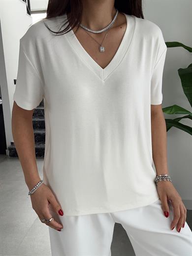 Ekru V Yaka  Basic Tişört