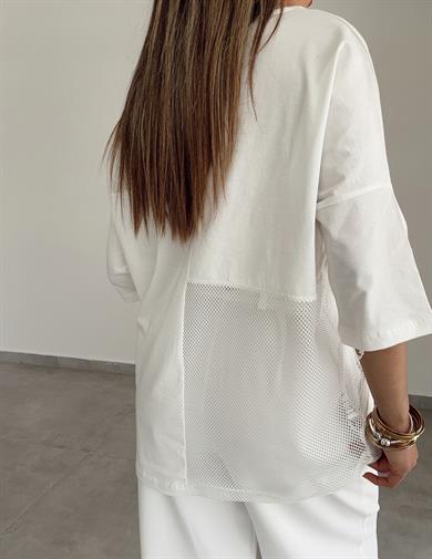 Ekru V Yaka File Detaylı Tişört