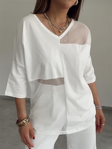 Ekru V Yaka File Detaylı Tişört