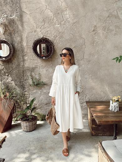 Ekru V Yaka Keten Elbise