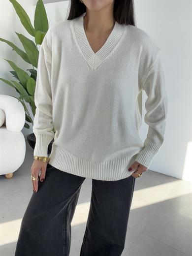 Marla Ekru V Yaka Oversize Triko Kazak