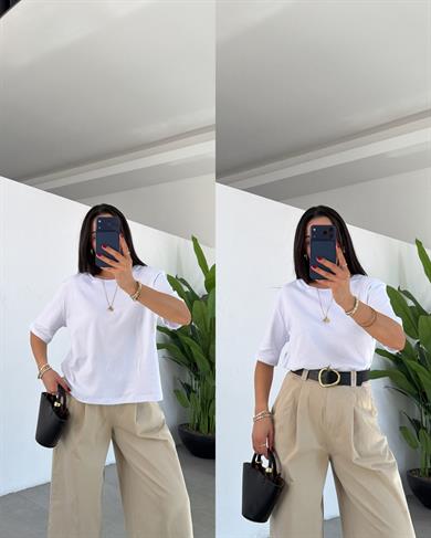 Ekru Vatkalı Basic Yaka Tshirt