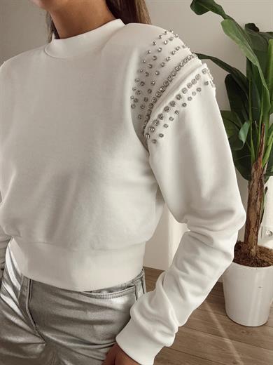 Ekru Vatkalı Taşlı Crop Bluz